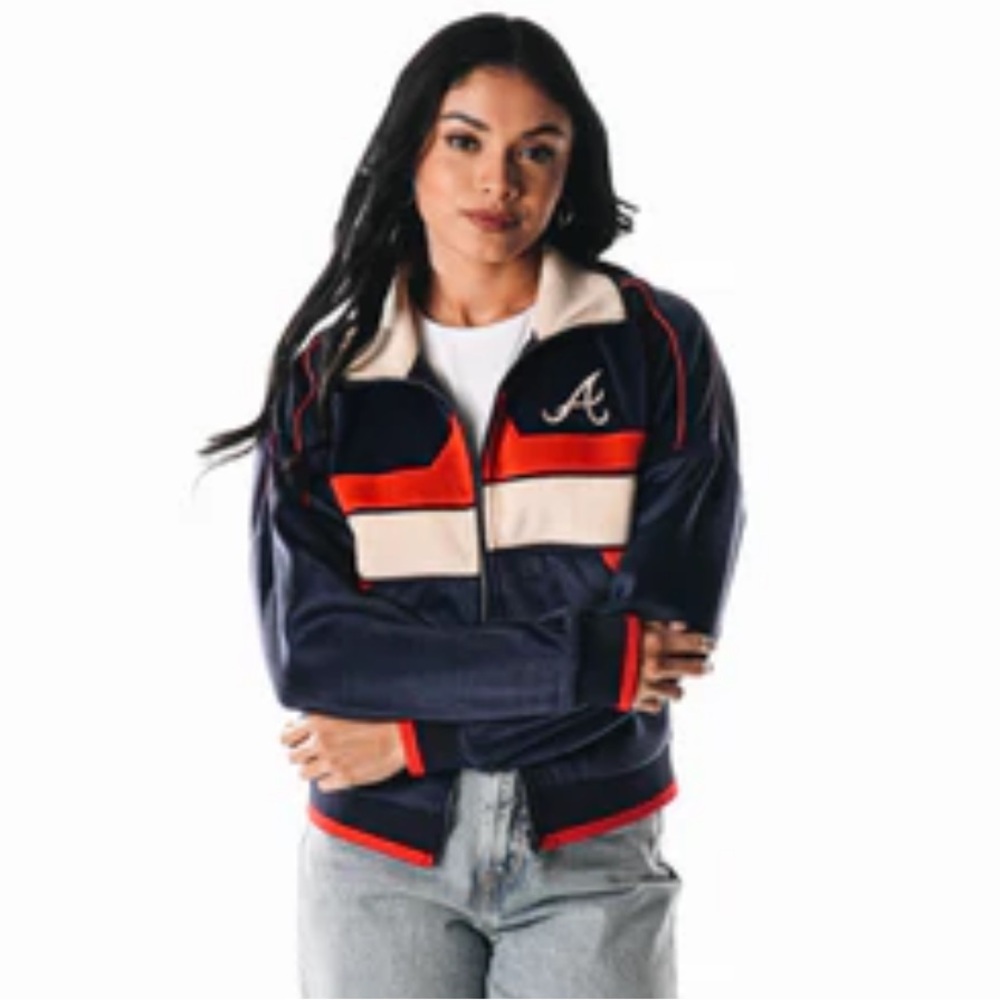 ATL Braves Navy and Red Corduroy Cropped Bomber Jacket - Picture 4 of 6